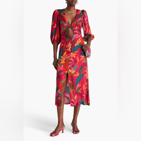 FARM Rio Colorful Leaf Print Cutout Midi Dress - Picture 2 of 4